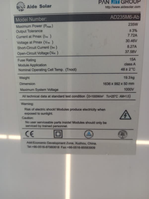 پنل خورشیدی 235 وات پلی کریستال aide solar باران خورده