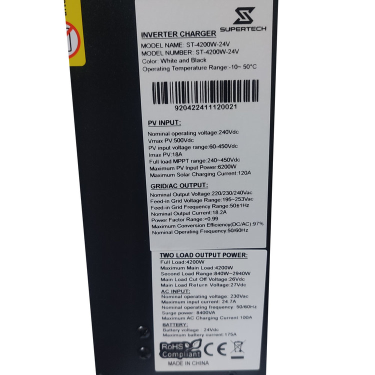 سانورتر هیبریدی (اینورتر شارژر) 4200 وات 24 ولت سینوسی 120 آمپر برند Supertech مدل ST-4200W-24